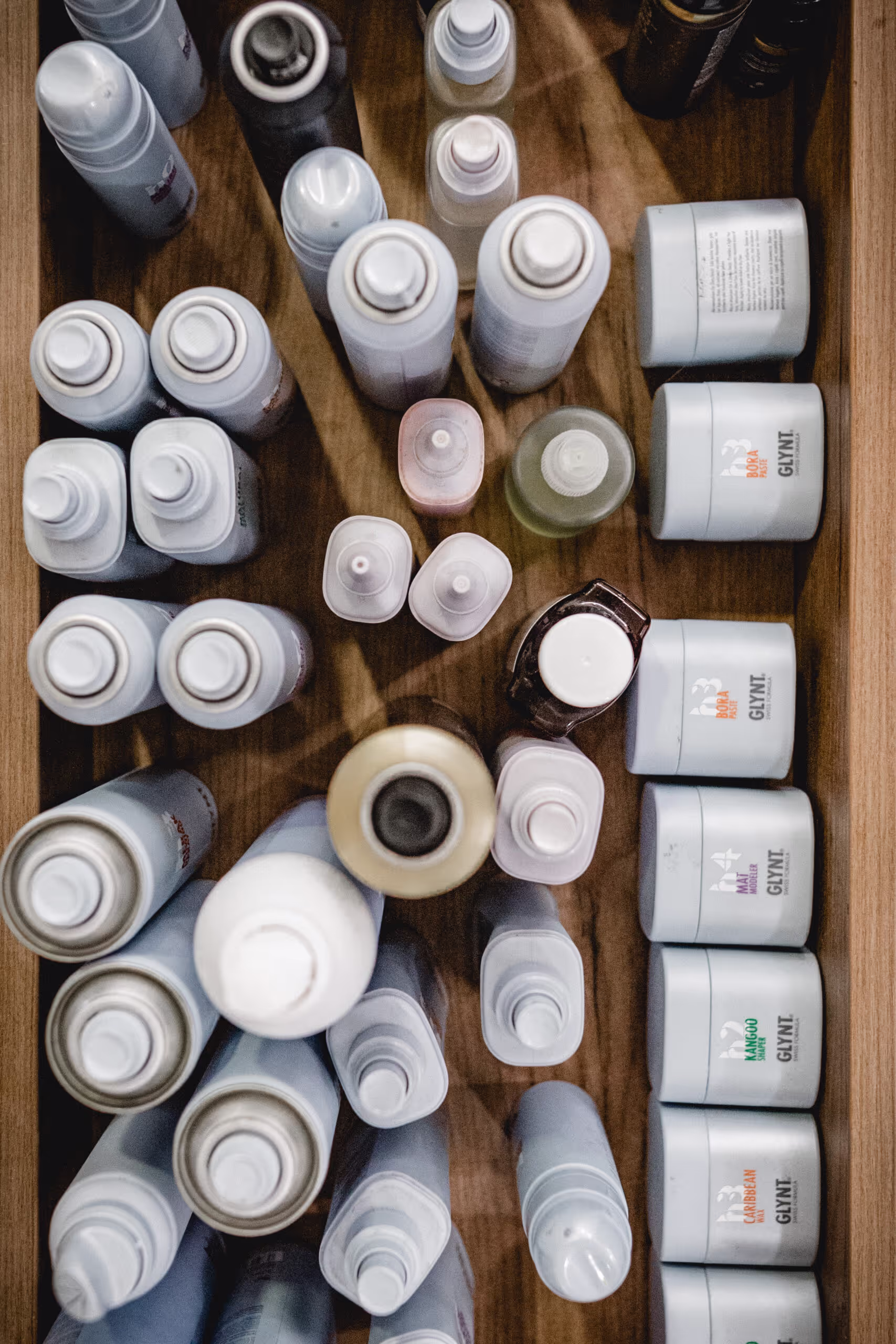 A selection of hair products shot from the top 