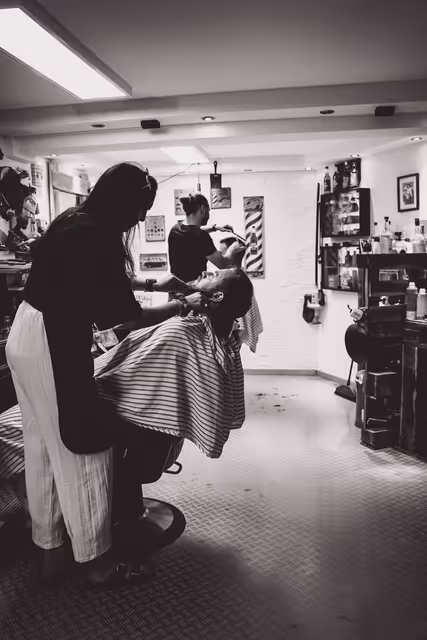 Busy Barbershop in black and white
