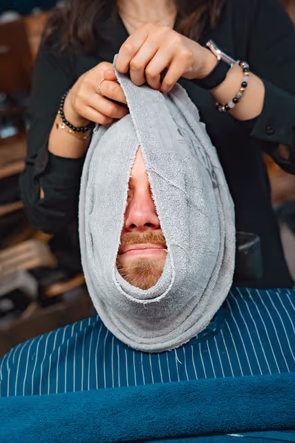 A man in a barbershop having wrapped a towel around his face